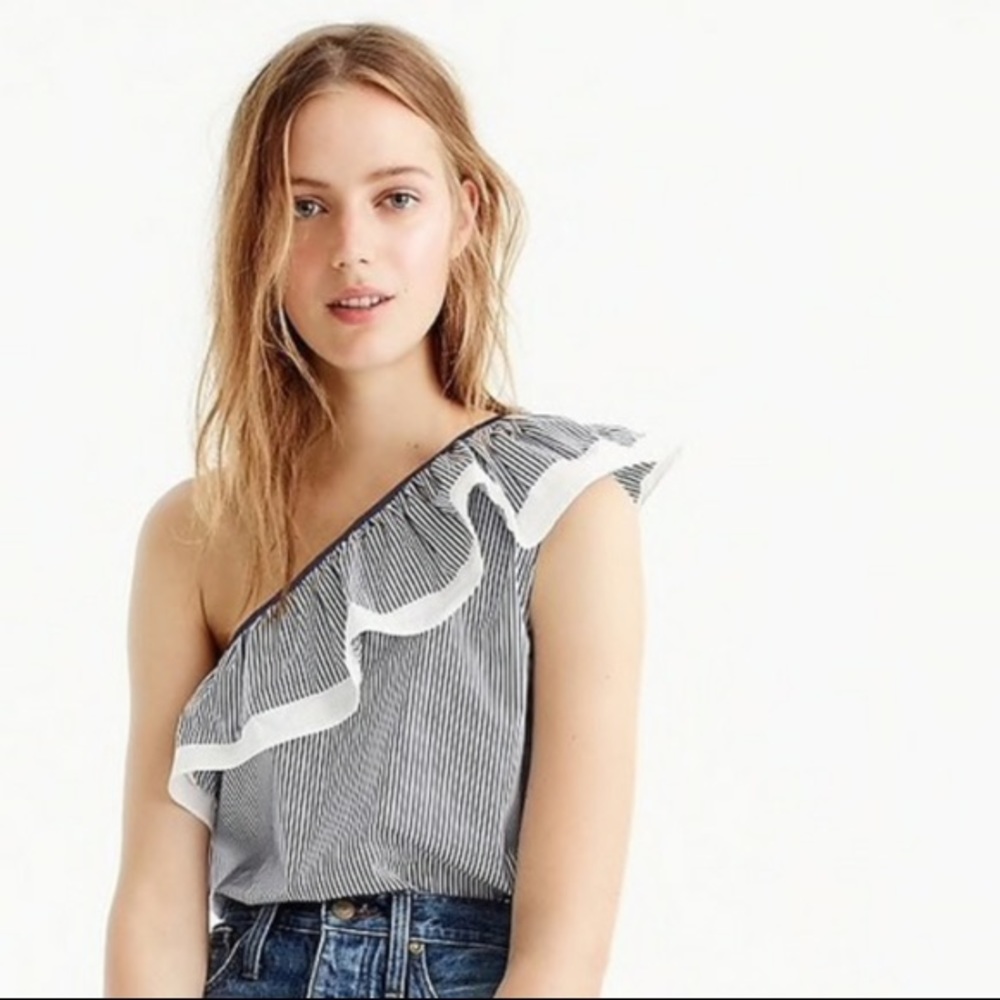 NWT 💙🤍 J. Crew One Shoulder Striped Ruffle Top